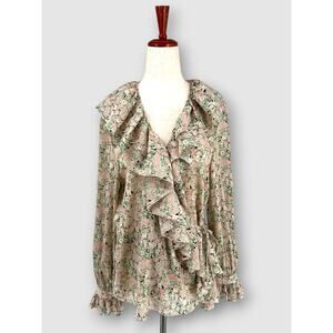 Floral Ruffle Wrap Blouse Ditsy Print Cascade Long Sleeve Cottagecore Top Medium